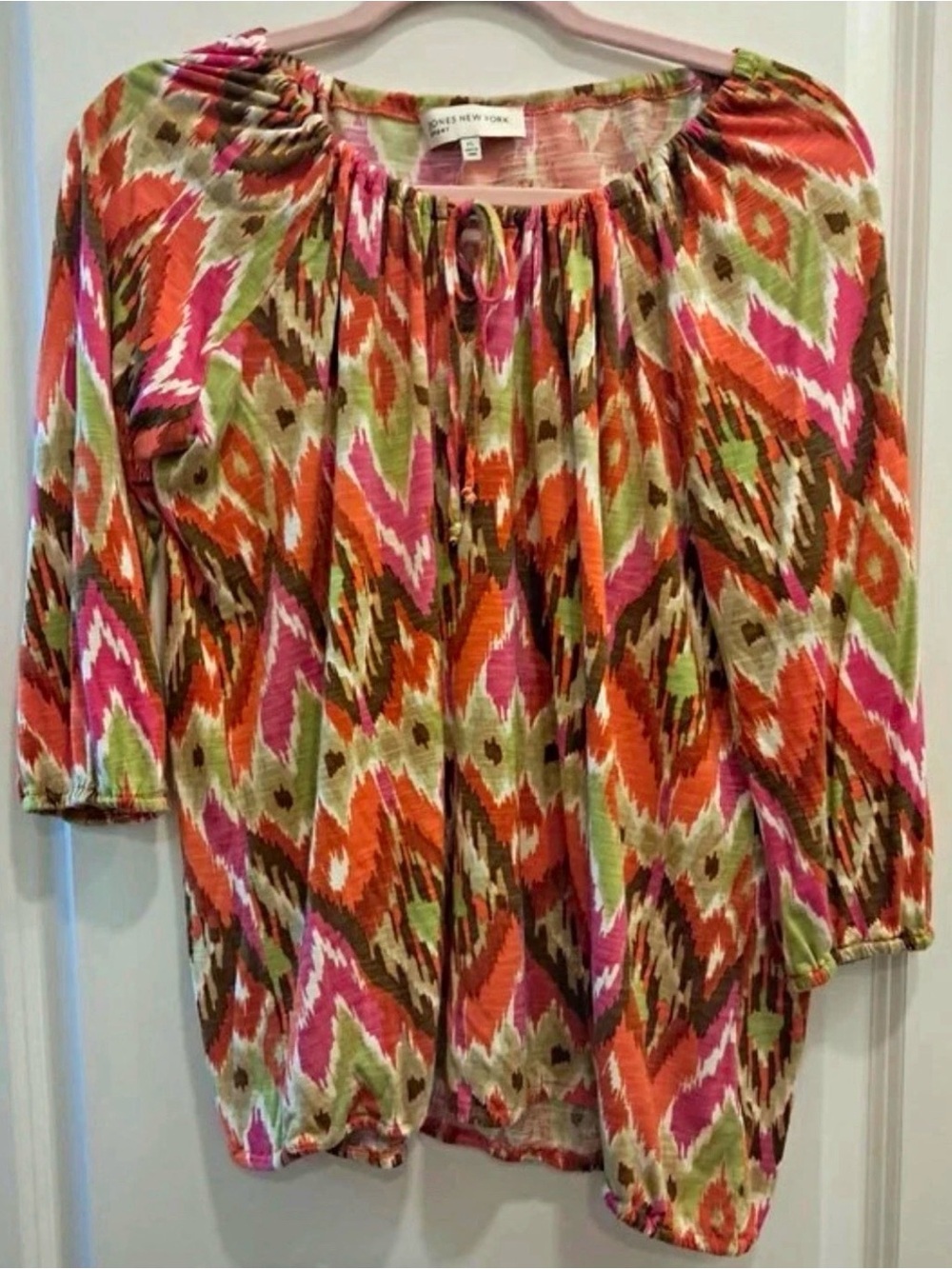 Jones New York Orange Pink Green Ikat Peasant Top